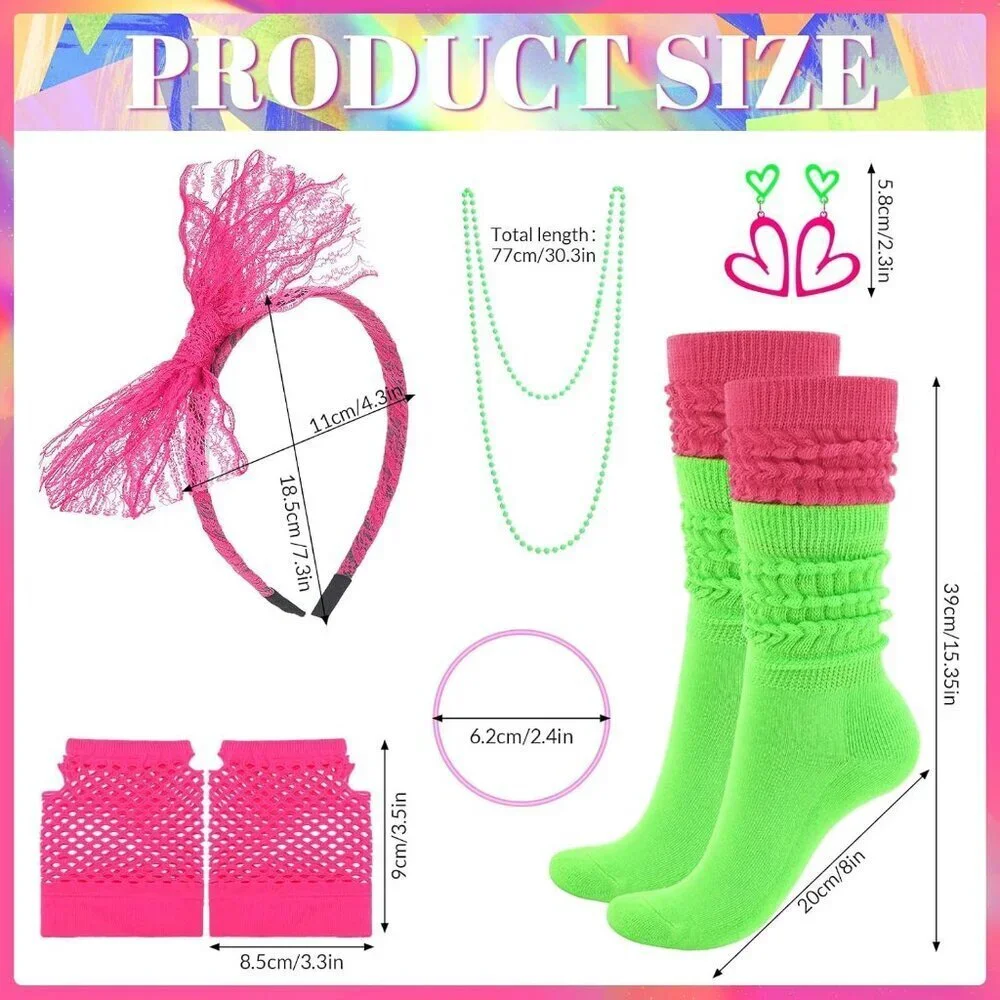 Neon Retro Fanny Pack Socks Hairband Fishnet Gloves 80s Costume Accessory